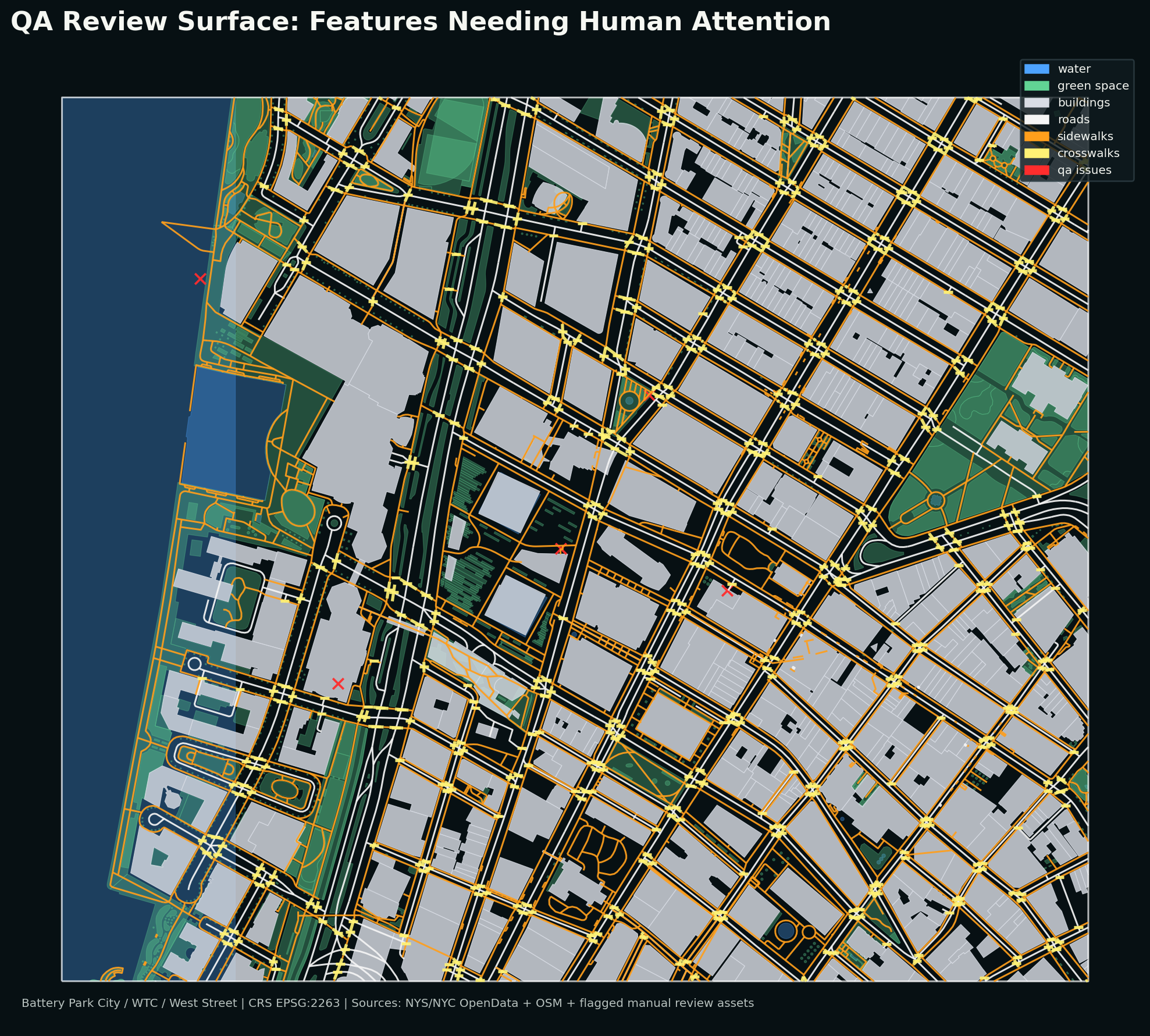 QA review map for Lower Manhattan geospatial assets
