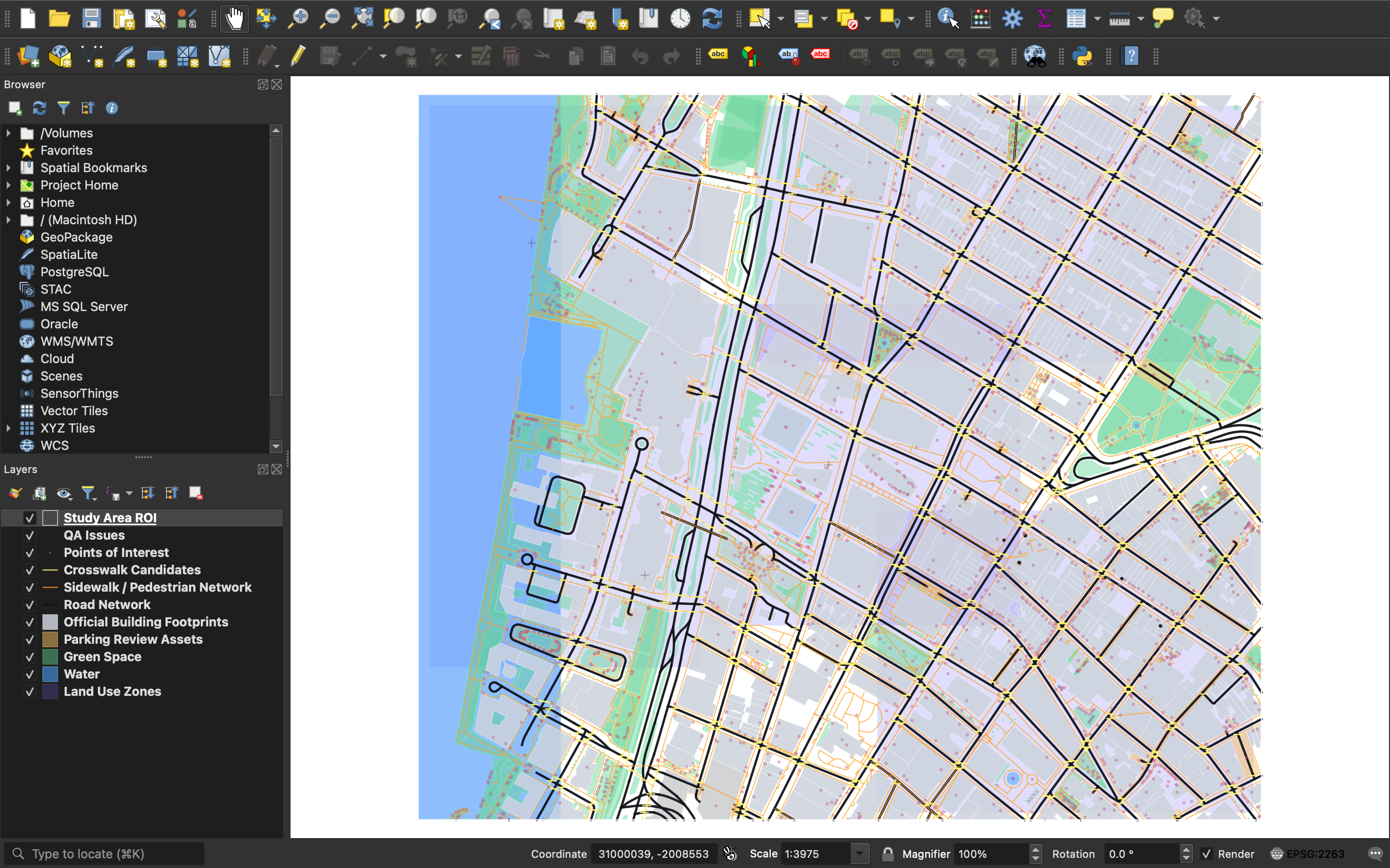 QGIS desktop layer panel, styled map canvas, project CRS, and QA metadata